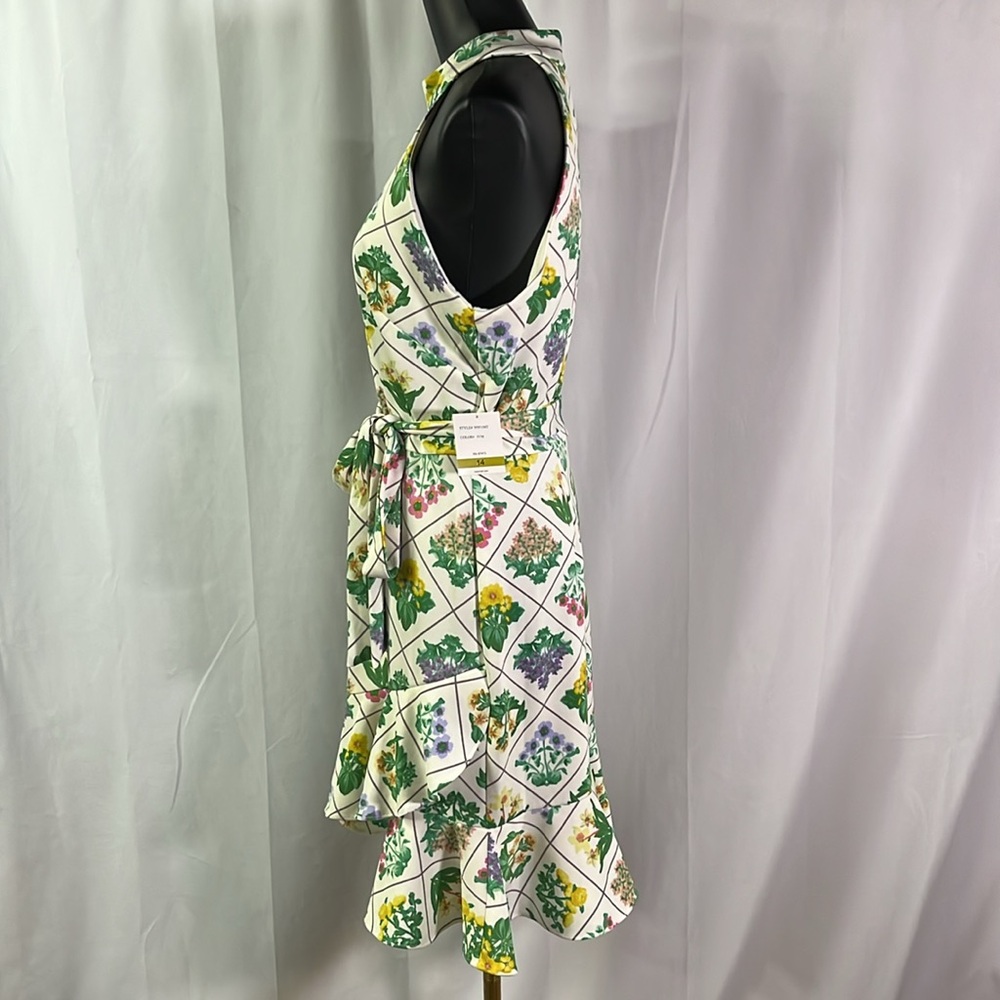 NWT Melonie T Floral Lattice Print Sleeveless High Neck Ruffle Hem Dress - Picture 2 of 16